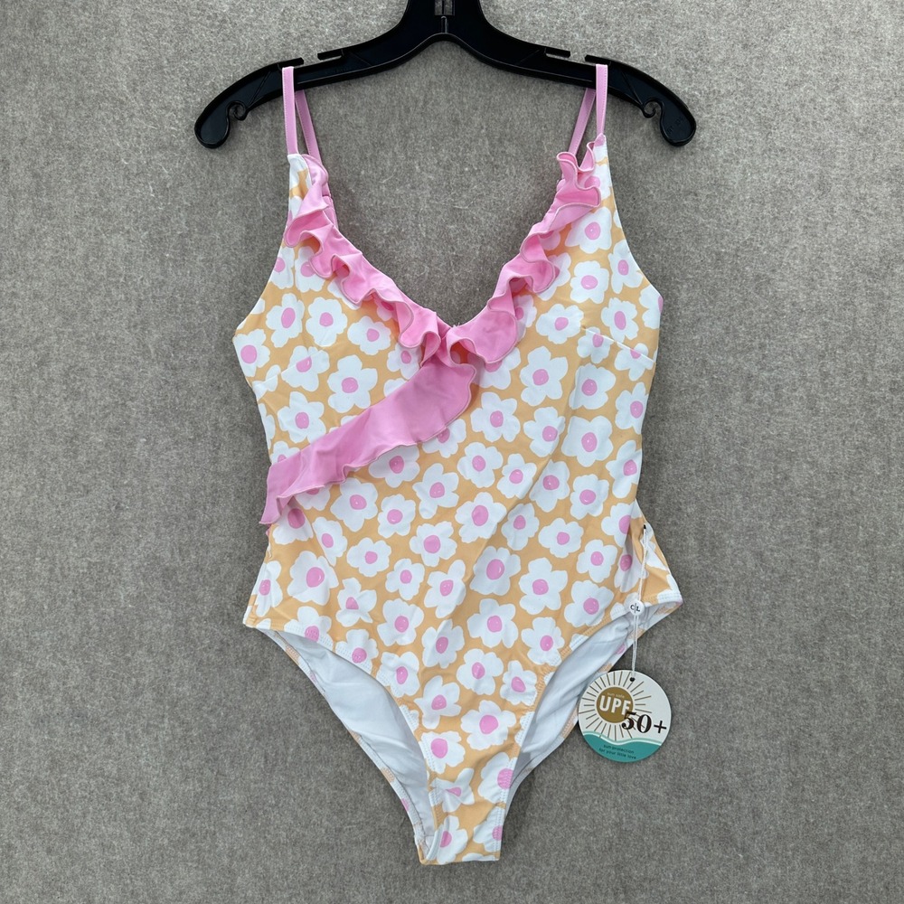 NWT Caden Lane One-Piece Swimsuit Large Yellow Sunshine Daisy Ruffle UPF 50+